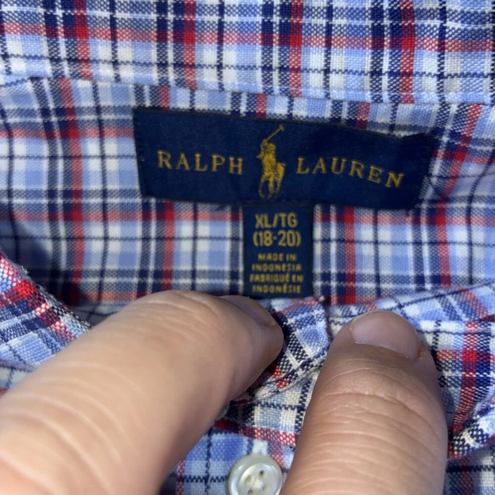 Ralph Lauren Kids XL 18-20 Red White Blue Plaid Long Sleeve Button Down Shirt‎